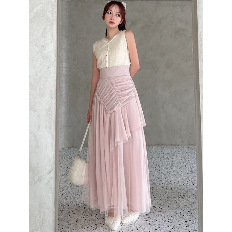 ★REISS Rowe ピンクルーシュフロントフレア 上質マキシ★ couture an/クチュールアン】ベア/ シフォン/ フリル/ リボン