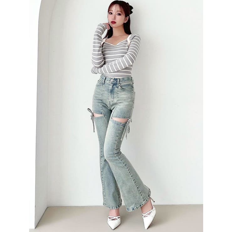 カットアウトリボンデニムパンツ♡152542419101 追加生産分】カットアウトリボンデニムパンツ[品番：MKSW0064813