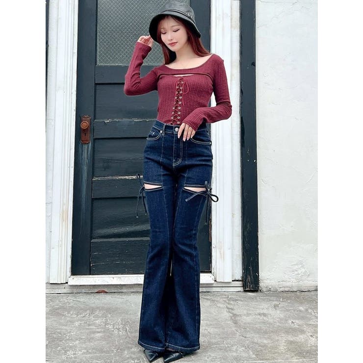 追加生産分】カットアウトリボンデニムパンツ[品番：MKSW0064813