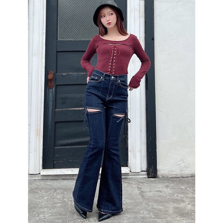 追加生産分】カットアウトリボンデニムパンツ[品番：MKSW0064813