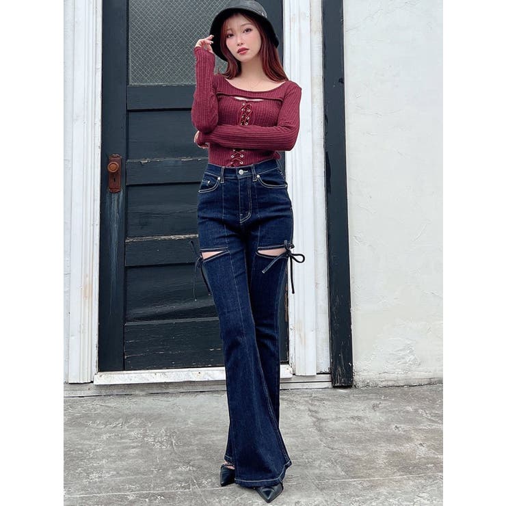 追加生産分】カットアウトリボンデニムパンツ[品番：MKSW0064813