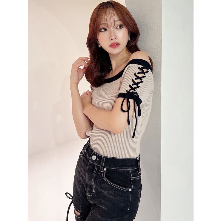 スリーブレースアップバイカラーニットトップス | RESEXXY | 詳細画像14 