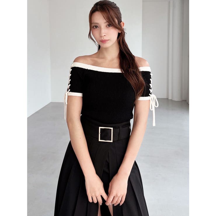 スリーブレースアップバイカラーニットトップス | RESEXXY | 詳細画像3 