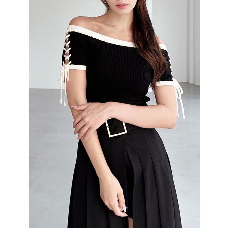 ブラック | スリーブレースアップバイカラーニットトップス | RESEXXY