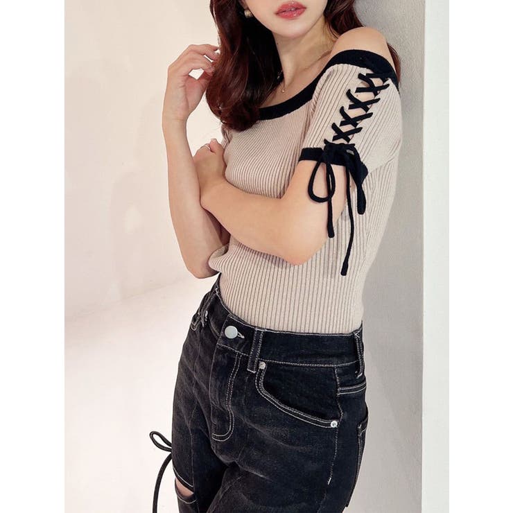 ベージュ | スリーブレースアップバイカラーニットトップス | RESEXXY