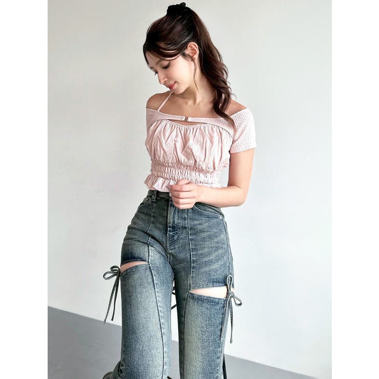 ダークブルー フリル付きトップス AZUL BY MOUSSY | 【堀田茜さん着用アイテム】コンビネーション