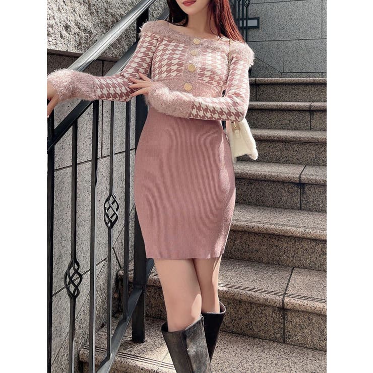 ハウンドトゥースアンサンブルミニワンピース[品番：MKSW0066558