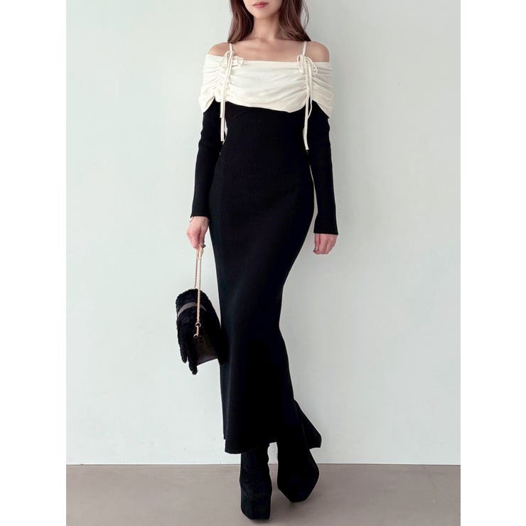 骨格ストレート向け】バイカラーニットワンピース[品番：MKSW0066892