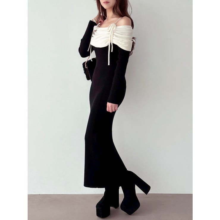 骨格ストレート向け】バイカラーニットワンピース[品番：MKSW0066892