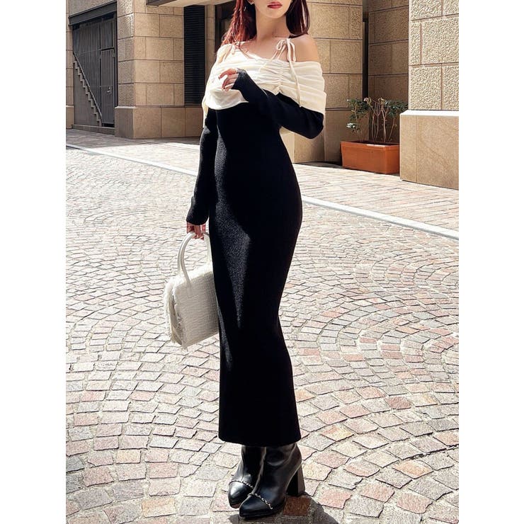 ブラック | 【骨格ストレート向け】バイカラーニットワンピース | RESEXXY