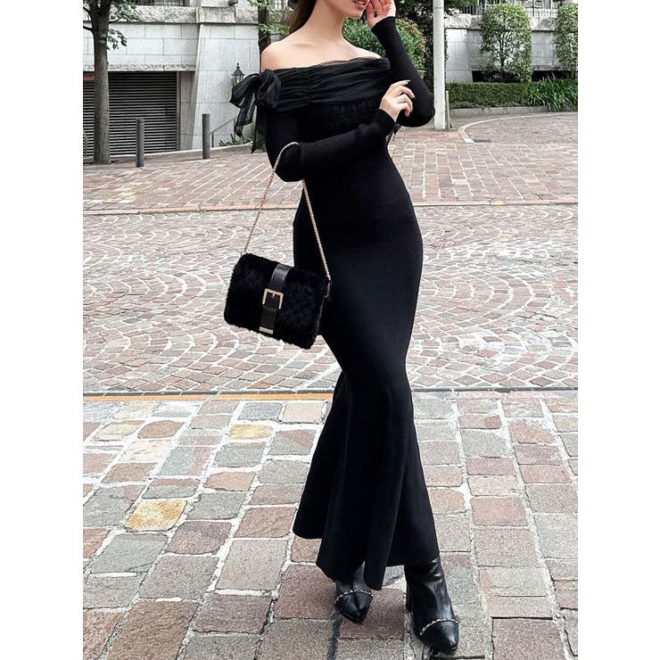 ブラック | 【骨格ウェーブ向け】ドッキングオフショルリボンワンピース | RESEXXY