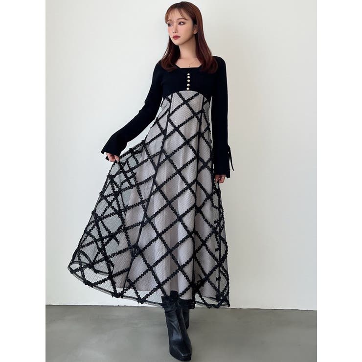 【今期新作/新品未使用】Riu ドッキングニットドレス Tulle raffle docking knit dress – Riu