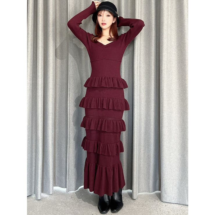 45rpm フリルネック ニットワンピース フリルデザインIラインニットワンピース[品番：MKSW0067330