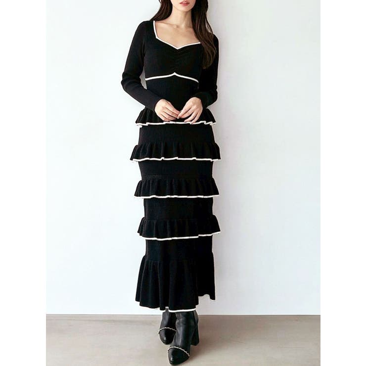 ブラック | フリルデザインIラインニットワンピース | RESEXXY