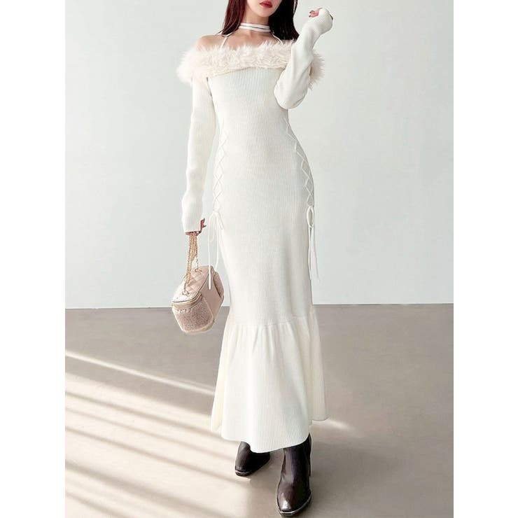 アイボリー | フェイクファートリムニットワンピース | RESEXXY