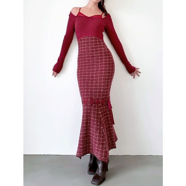 レッド | シアードッキングツイードニットワンピース | RESEXXY