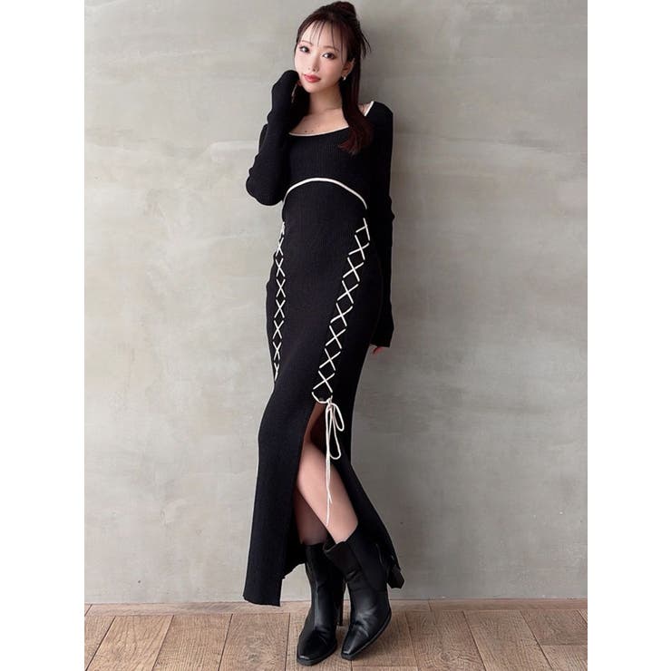 レースアップタイトニットワンピース[品番：MKSW0067132