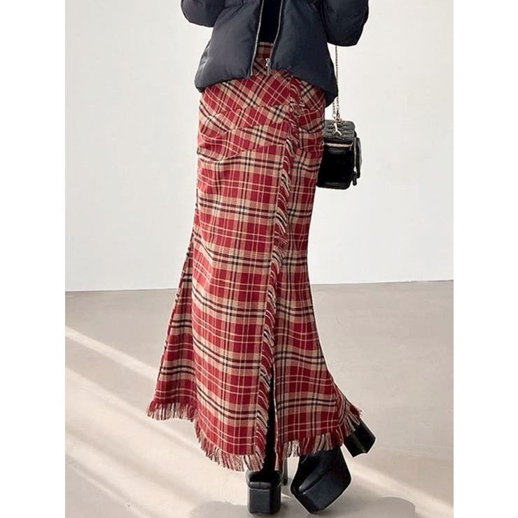 レッド | フリンジチェックタックスカート | RESEXXY