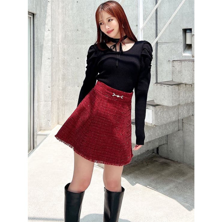 フリンジツイードミニスカート【セットアップ着用可能】[品番