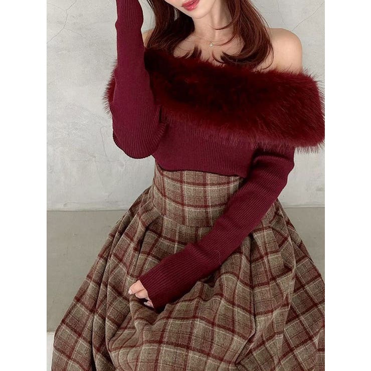 レッド | フェイクファーオフショルニットトップス | RESEXXY