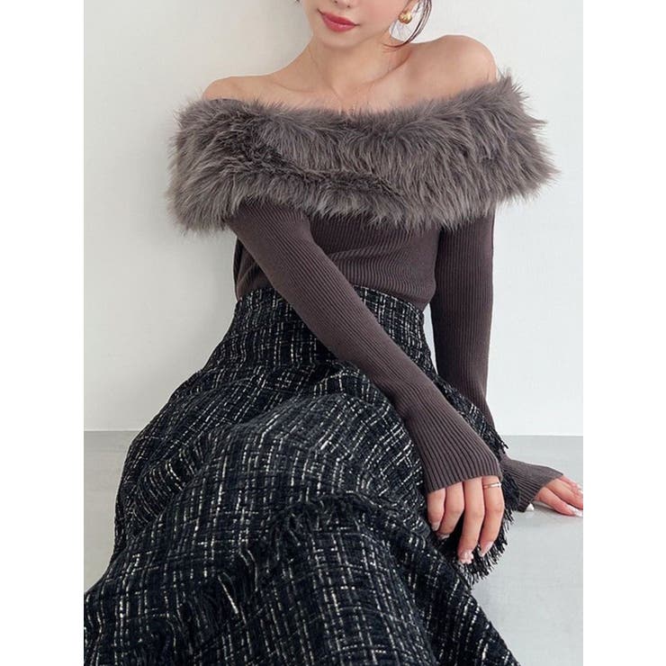 ブラウン | フェイクファーオフショルニットトップス | RESEXXY