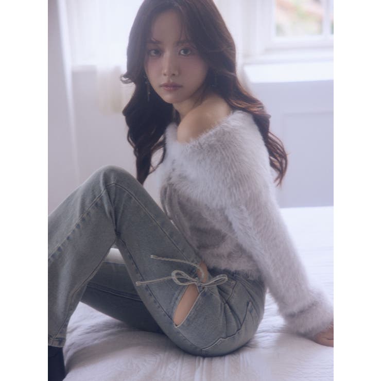 ストリングシャギーオフショルニットトップス[品番：MKSW0067341