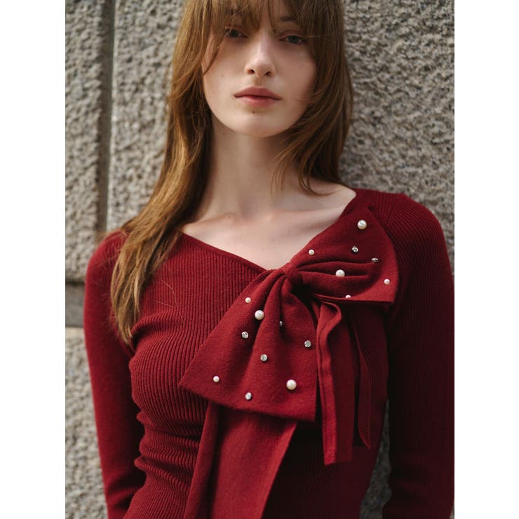 【新品】  ROCHAS / ロシャス | ウール バックリボン デザイン ニット | 40 | レッド | レディース 新品】 ROCHAS / ロシャス | ウール バックリボン デザイン ニット