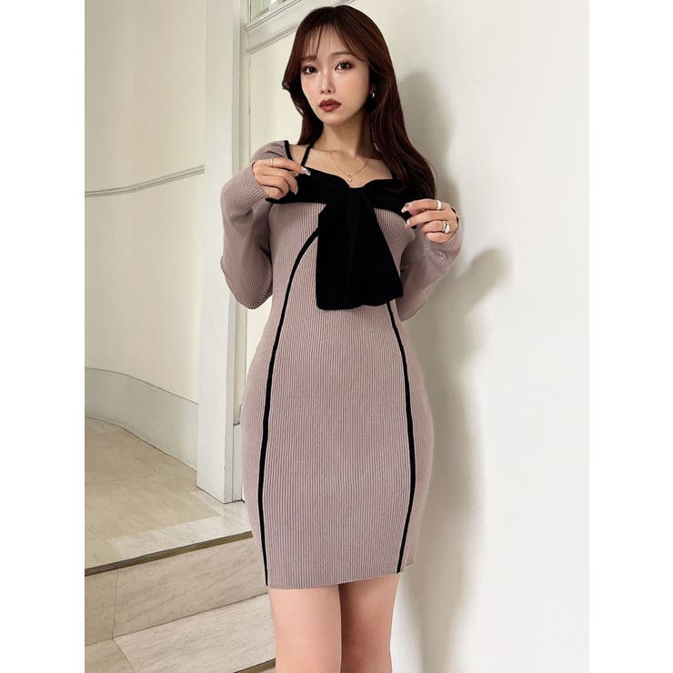 バイカラーフロントリボンニットミニワンピース | RESEXXY | 詳細画像2 