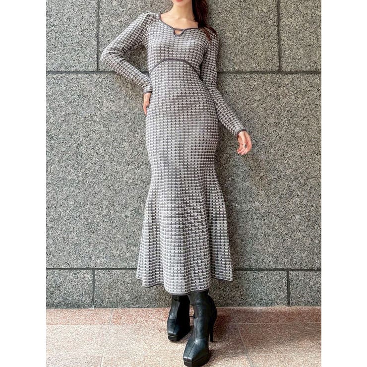 グレー | 【WEB限定】バイカラーツイードニットワンピース | RESEXXY