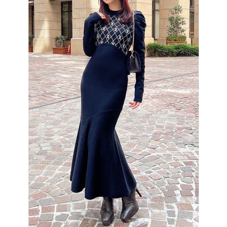 ブラック | チェックジャガードマーメイドニットワンピース | RESEXXY