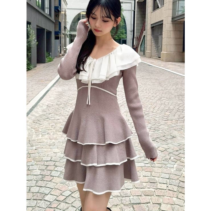 ベージュ | ラッフルデザインミニニットワンピース | RESEXXY