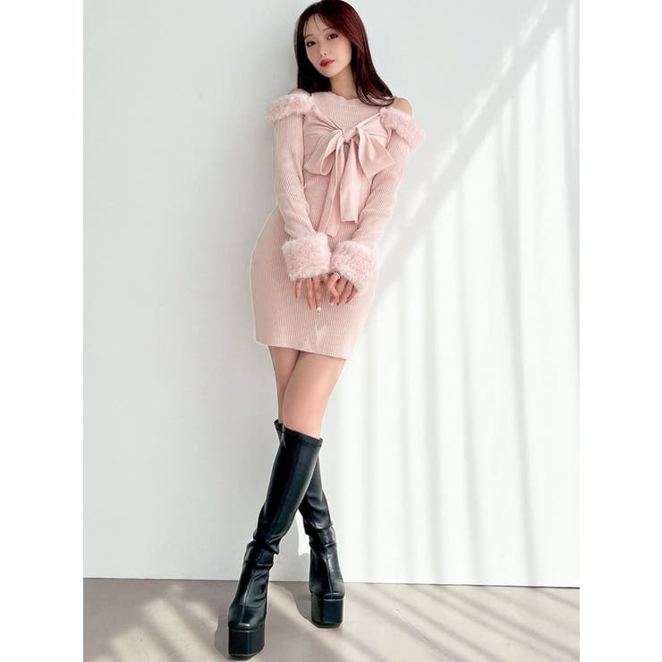 ポイントフェイクファーミニニットワンピース[品番：MKSW0067740