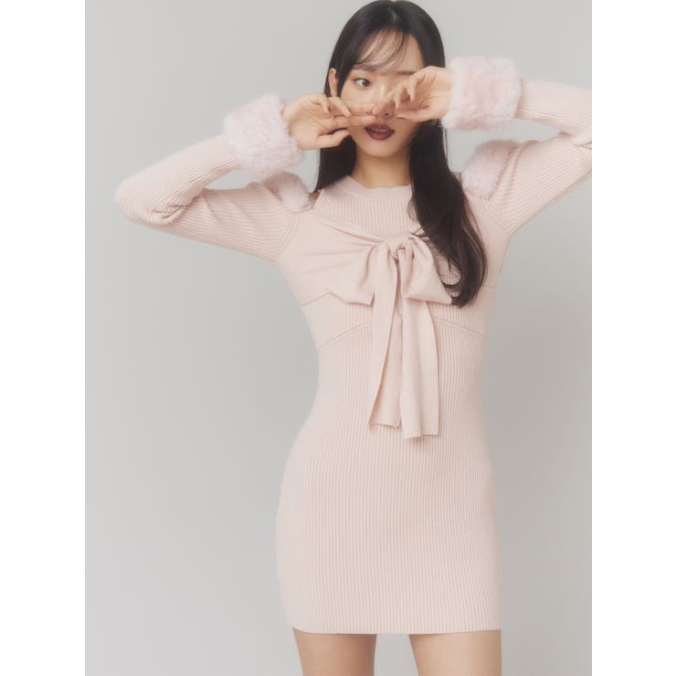 ポイントフェイクファーミニニットワンピース[品番：MKSW0067740