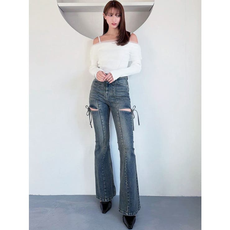 カットアウトリボンデニムパンツ【完売カラーは品番：1526324356で販売