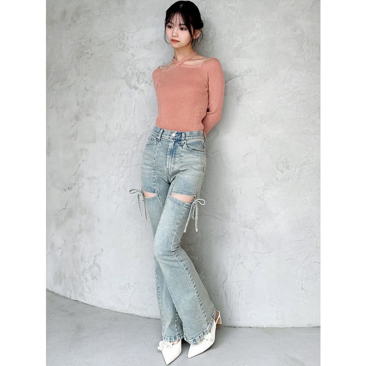 カットアウトリボンデニムパンツ【完売カラーは品番：1526324356で販売