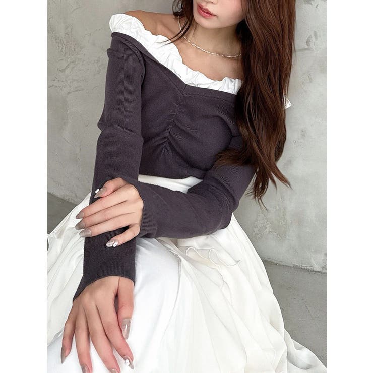 チャコールグレー | ホイップフリルVネックニット | RESEXXY