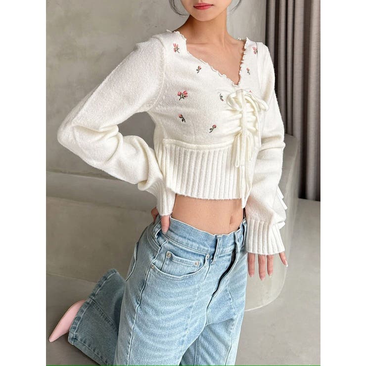 ホワイト | フラワーエンブロイダリーニットトップス | RESEXXY