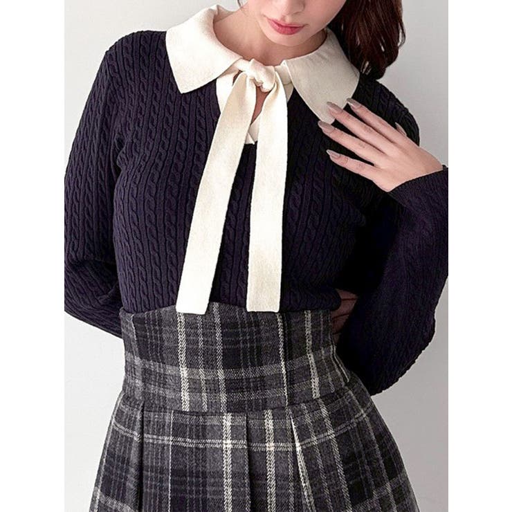 ネイビー | ナロータイケーブルニットトップス | RESEXXY