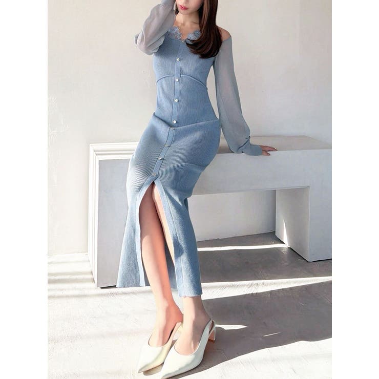 ブルー | レースレイヤードリブニットワンピース | RESEXXY