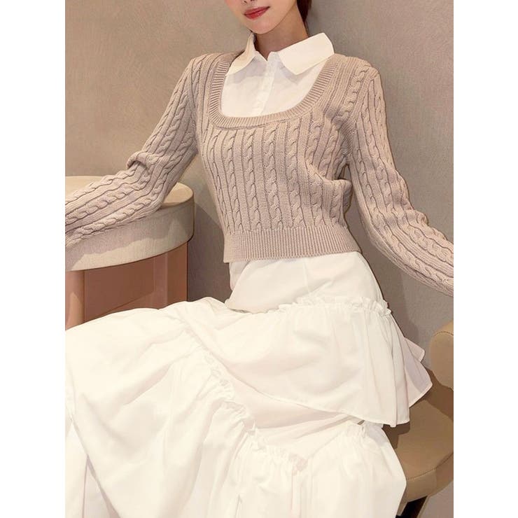 ベージュ | シャツドッキングケーブルニットトップス | RESEXXY