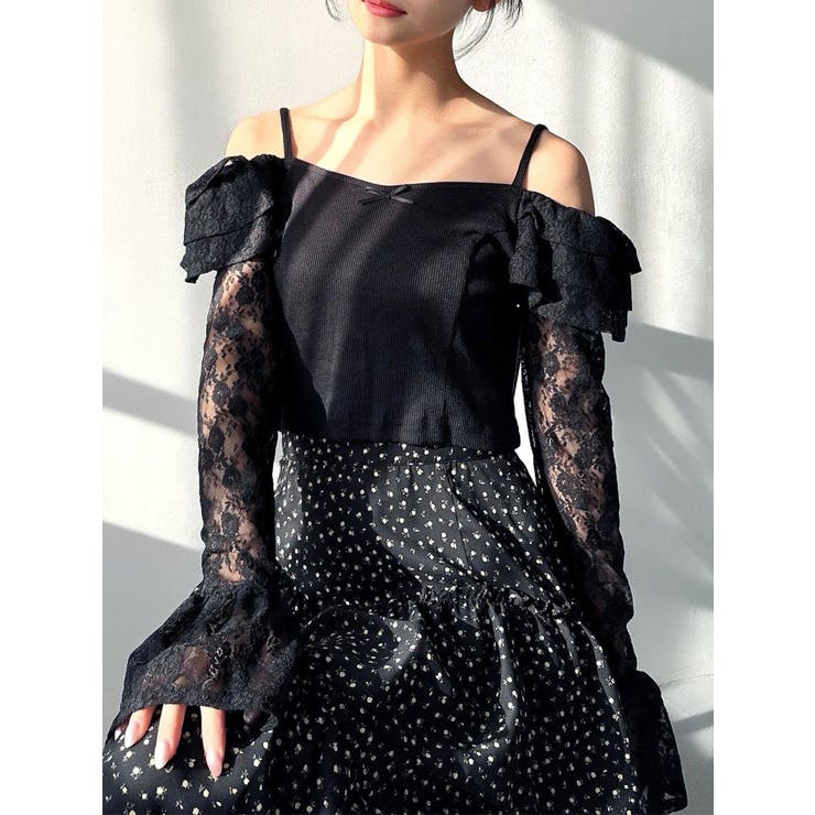 ブラック | スリーブレースリブカットトップス | RESEXXY