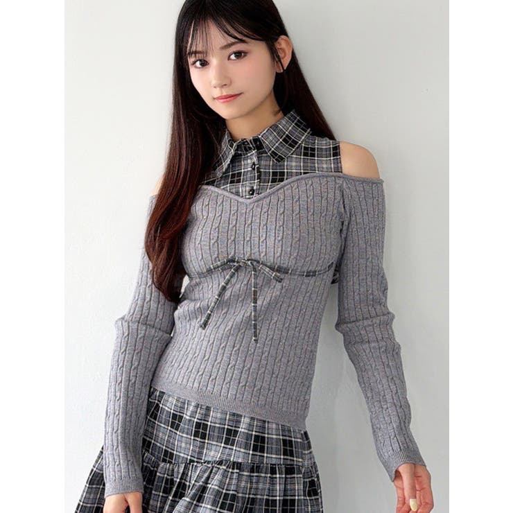 グレー | チェックシャツドッキングニットトップス【セットアップ着用可能】 | RESEXXY