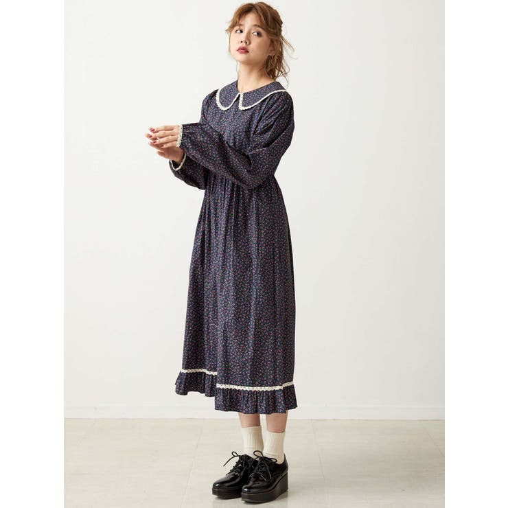 flowerステンカラーワンピース[品番：MKSW0025925]｜merry jenny