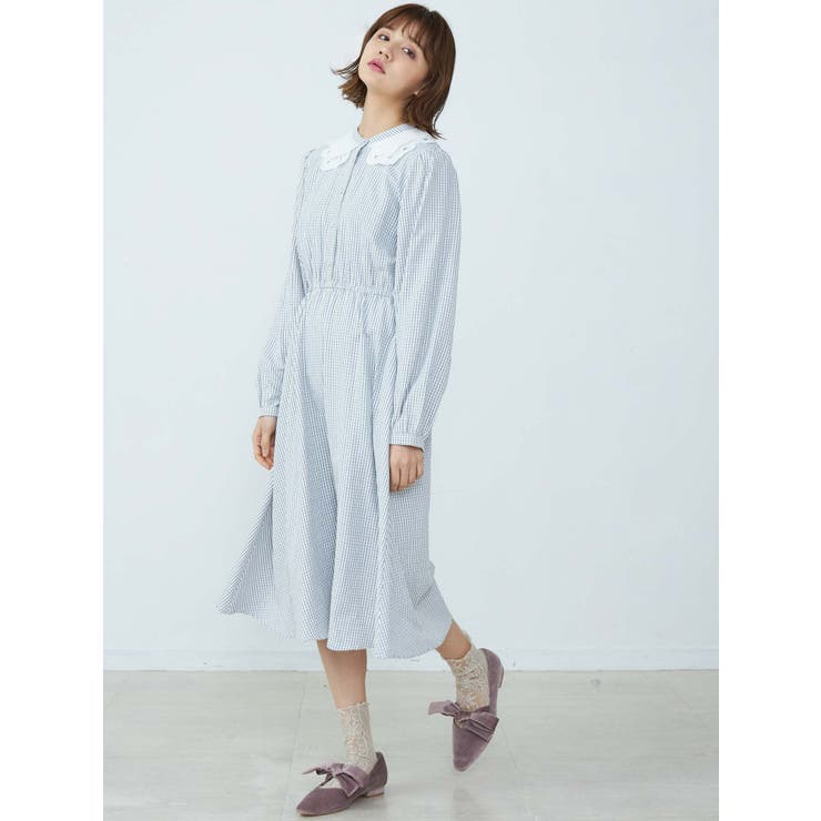 merry jenny スリーブリボンアシメチェックワンピース ブルー merry