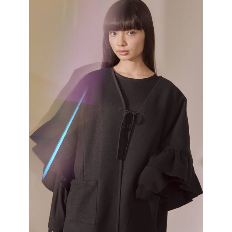 merry jenny frillスリーブガウンコート キルティング リボン 黒 frillスリーブガウンコート[品番：MKSW0034872]｜merry jenny