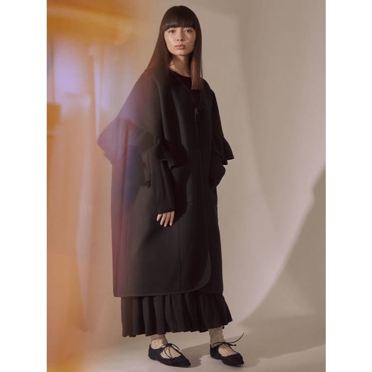 merry jenny frillスリーブガウンコート キルティング リボン 黒 frillスリーブガウンコート[品番：MKSW0034872]｜merry jenny
