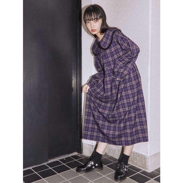 ベロアフリルチェックワンピース[品番：MKSW0034990]｜merry jenny