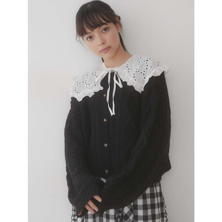 lace collarケーブルニットカーディガン[品番：MKSW0040090