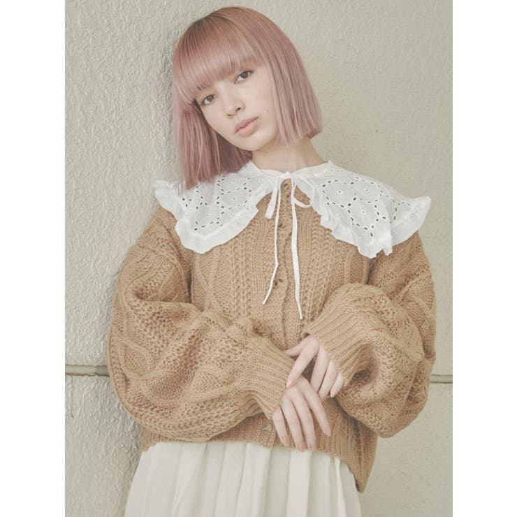 lace collarケーブルニットカーディガン[品番：MKSW0040090