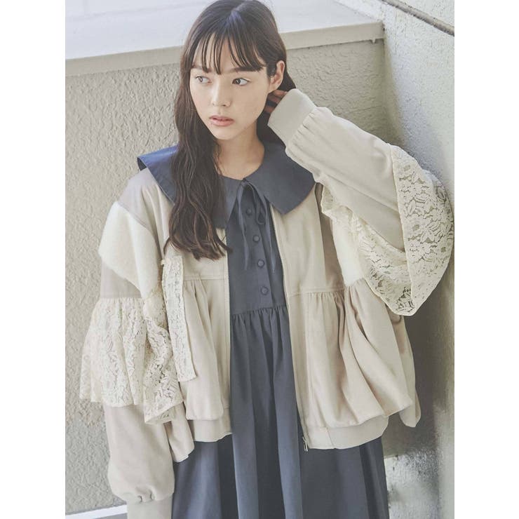 レースレイヤードコンビブルゾン[品番：MKSW0041474]｜merry jenny